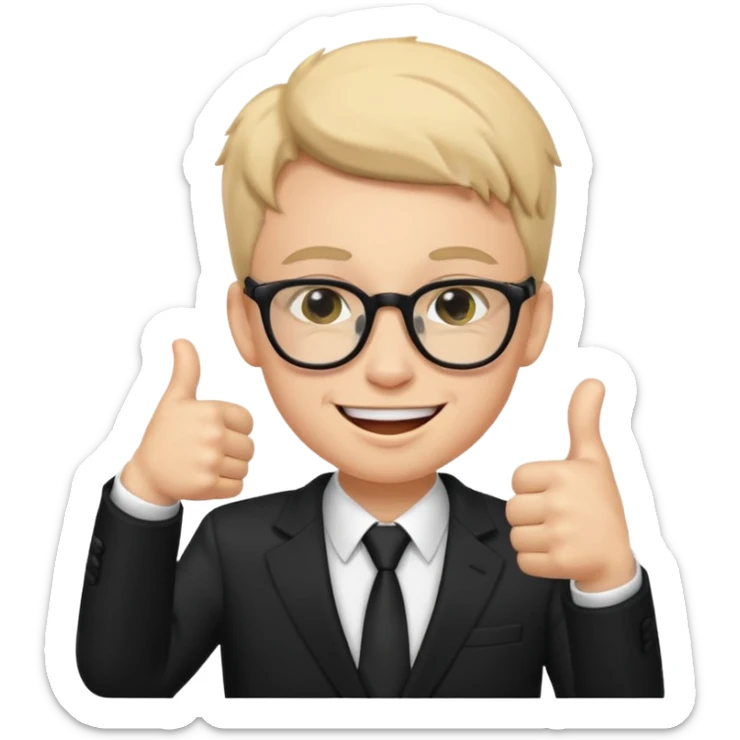 un estudiante con terno negro que este parado con sus lentes guiñando el ojo y CON LAS MANOS HACIA ARRIBA DANDO LIKE sticker