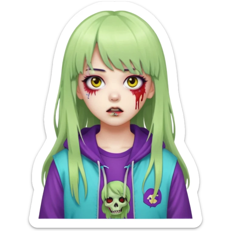  portrait-of-a-zombie-k-pop-idol,-wearing-a-stylish-streetwear-outfit-with-layered-colorful-clothing,-long-hair-with-bangs,-makeup,- sticker