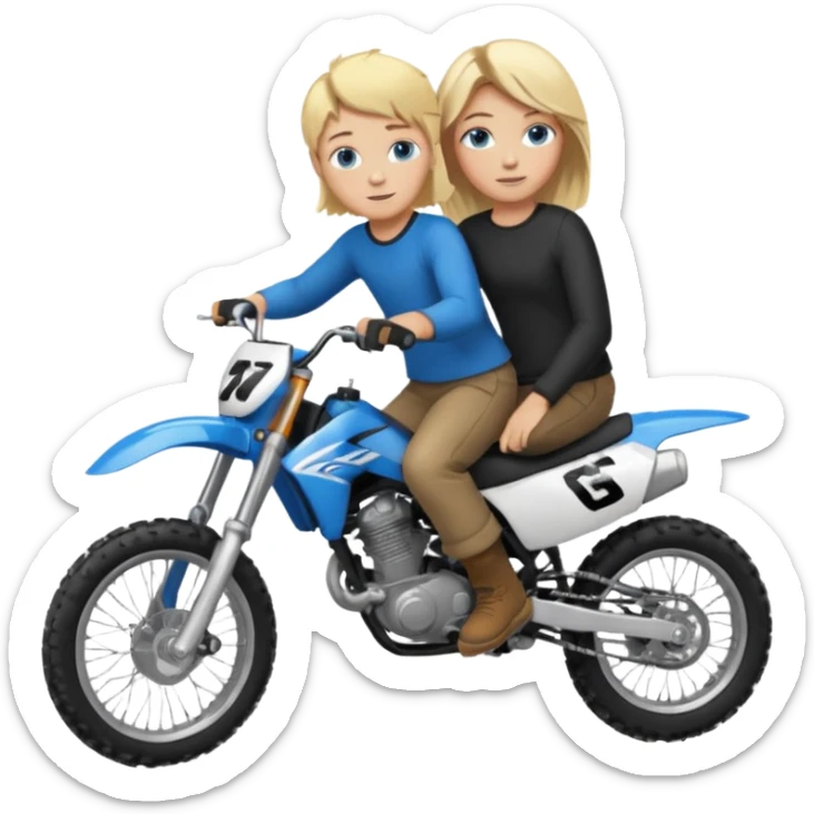 Mom and son blonde hair blue eyes with a rad and cool dirtbike sticker