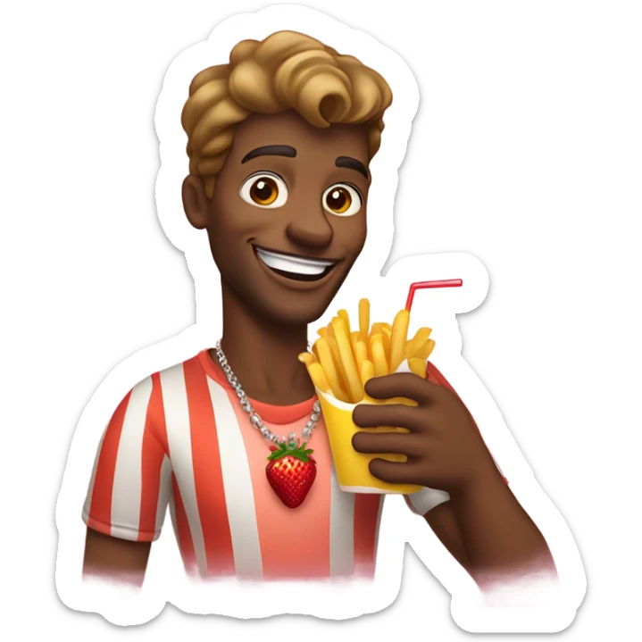 smiling man with jewelry outdoors eating french fries with a strawberry lemonade in his hand sticker