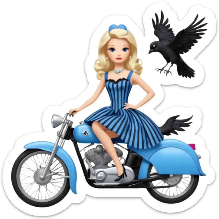 Blonde Silkstone Marie Antoinette Barbie enid sinclair from academy in a blue and black vertically-striped classic dress. riding hot rod bikes with crows sticker