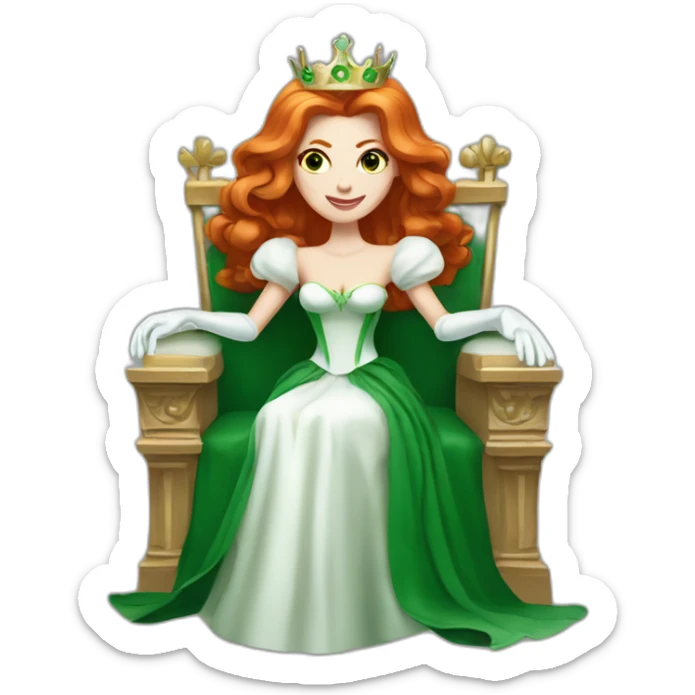 white skin redhead queen with straight hair wearing white gloves on her throne, wearing a green dress sticker