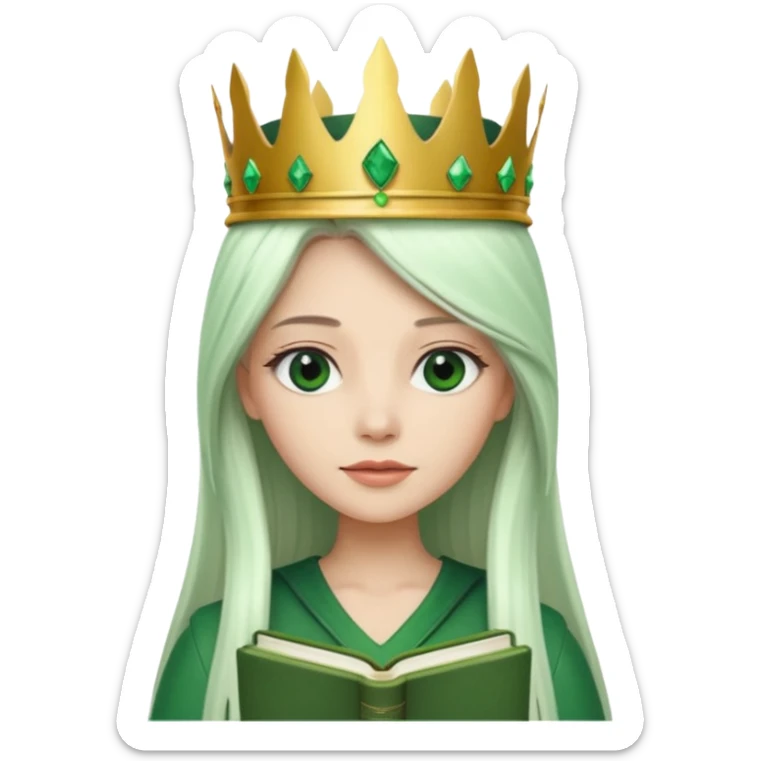 Long Hair Women with green Book, White straight hair, crown

 sticker