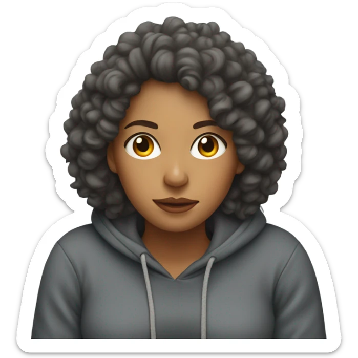 Woman with big curly hair in hoodie on the couch  sticker
