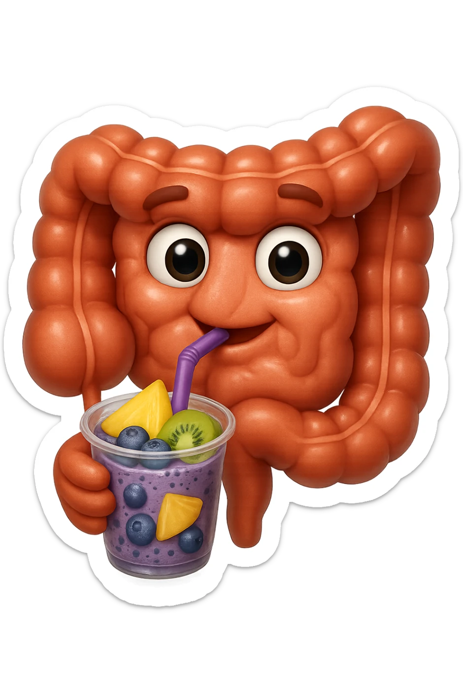EMOJI STILE IPHONE DI un intestino umano anatomico che beve un frullato di mirtilli, ananas, kiwi, fagli anche la parte bianca degli occhi, non solo le pupille, REALISTICo 4K sticker