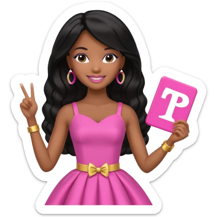 Black barbie, long black  hair, pink dress holding mvp sign  sticker