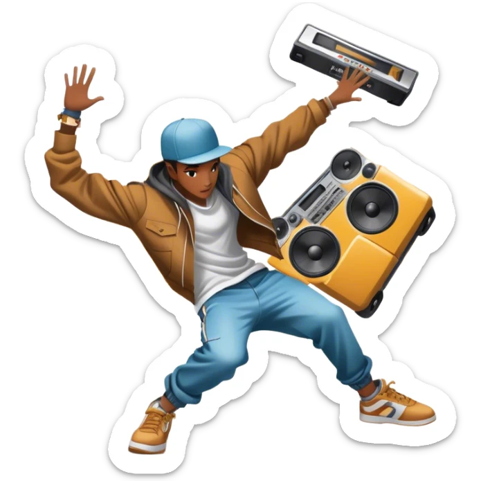 Icon for Street Dance: a dancer in urban streetwear performing a dynamic lower breakdance move, with a spray-painted background and a boombox on the asphalt. The icon should capture the energy, style, and creativity of street dance culture. Transparent background. sticker