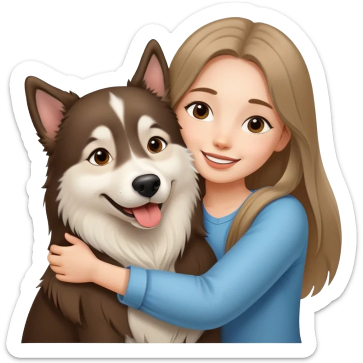 A beautiful girl with long straight hair happily hugs an Alaskan dog sticker