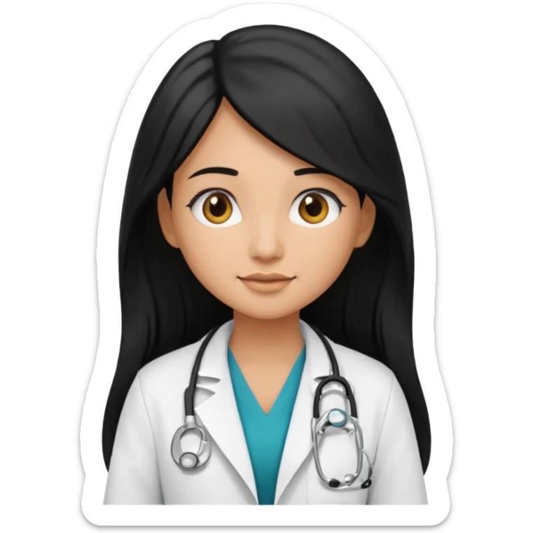 tan skin girl with long black hair, stethoscope and doctor's coat, emoji style sticker