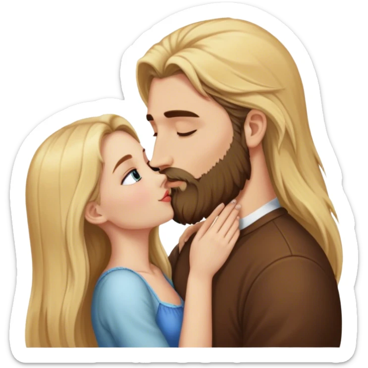 girl with long blonde hair kissing tall man with long brown hair and beard sticker