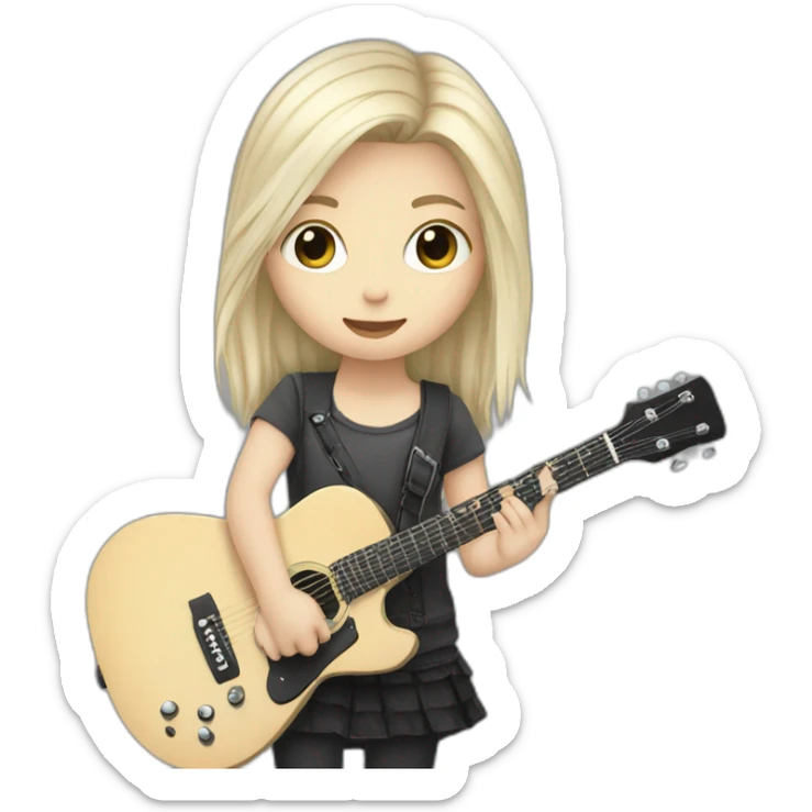 A young emo/grunge white girl, with very light blond hair,grey eyes, and a guitar sticker