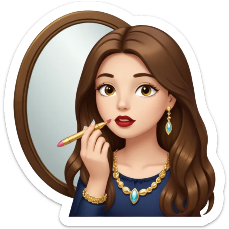 Girl with long brown hair, gold jewelry, and lashes, putting on lipgloss by a mirror  sticker