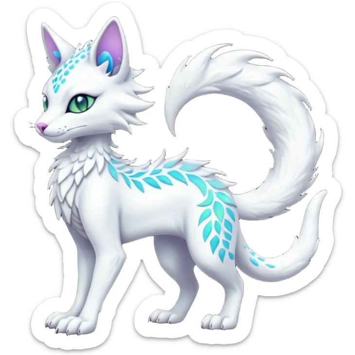 Kawaii white iridescent edgy fantasy feline-vernid-sergal-fursona animal creature with a tufted tail full body with intricate markings  sticker