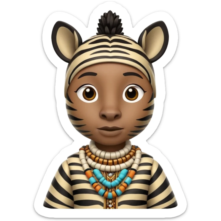 a-3d-cartoon-african-zebra-from-the-1800s-wearing-traditional-african-tribal-clothing,-calm-expression,-natural-background,-memoji-style-realism. sticker