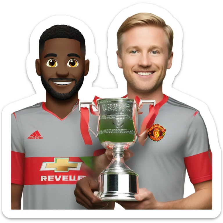 Person with a man united kit lifting the EFL Championship trophy sticker