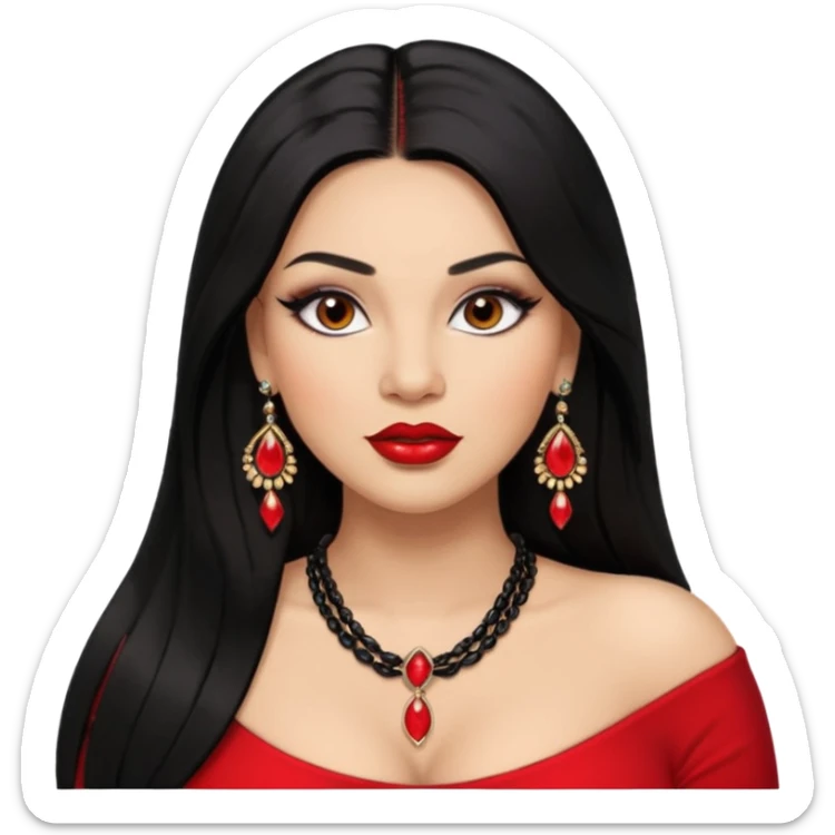 Light skin brown eyes glamorous full figured women black long straight hair red lips necklace and earrings long lashes sticker