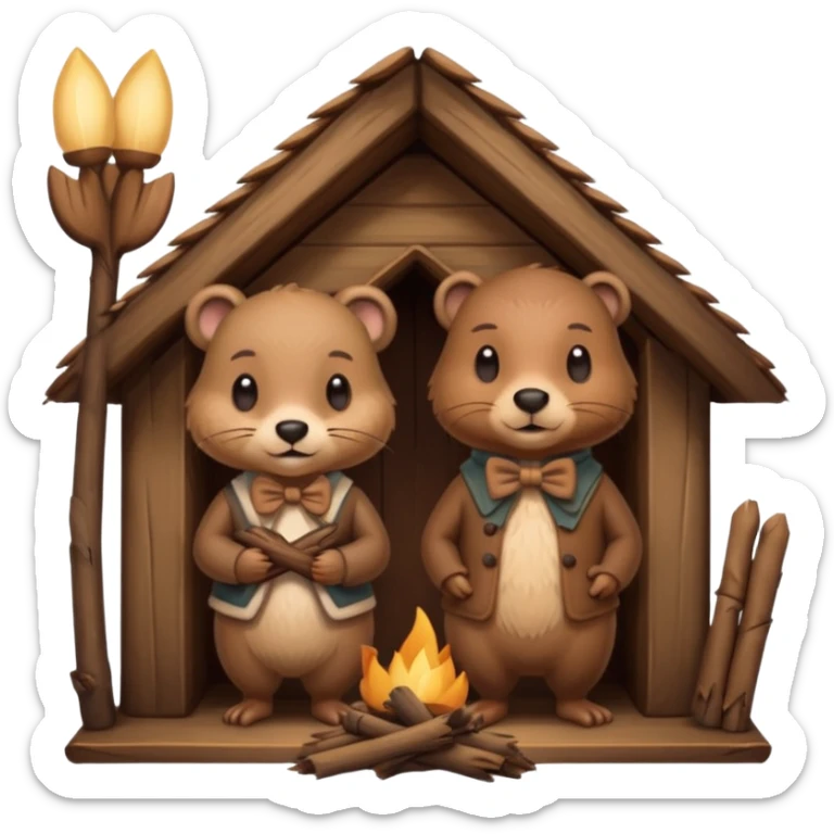  beaver man and female beaver with a bow in a wooden lodge made of sticks sticker