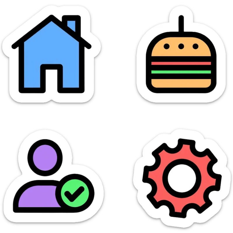 Website icon set with colorful icons: blue home icon, orange magnifying glass search icon, green hamburger menu icon, purple profile/user icon, and red gear settings icon sticker