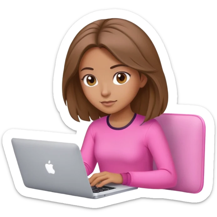 Beautiful programmer girl with brown blowout hair and pink clothes working with MacBook sticker