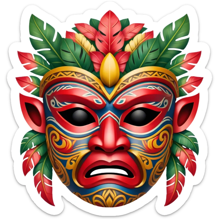 A traditional Hawaiian warrior mask with intricate carvings and bright colors, symbolizing strength and honor. sticker