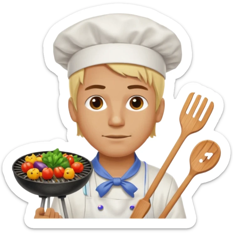 man with tied blond hair and and a white apron grilling vegetables on a sizzling grill sticker