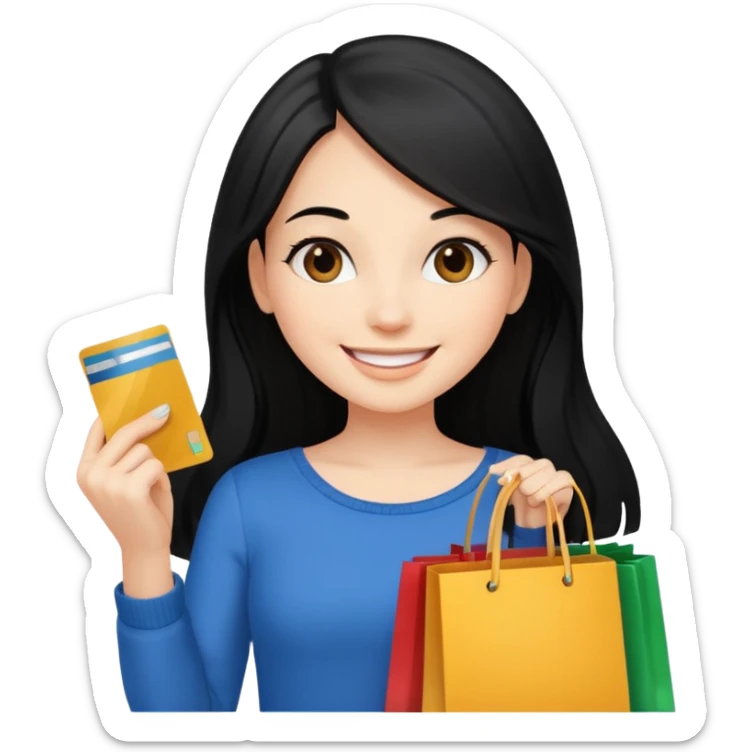 Girl with long black hair holding shopping bags and credit card sticker