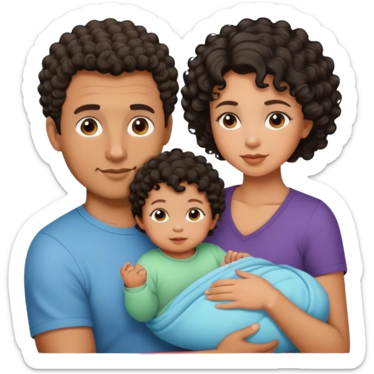 Tan skin Dad with short curly hair and mom with wavy black hair with a baby with short curly hair sticker