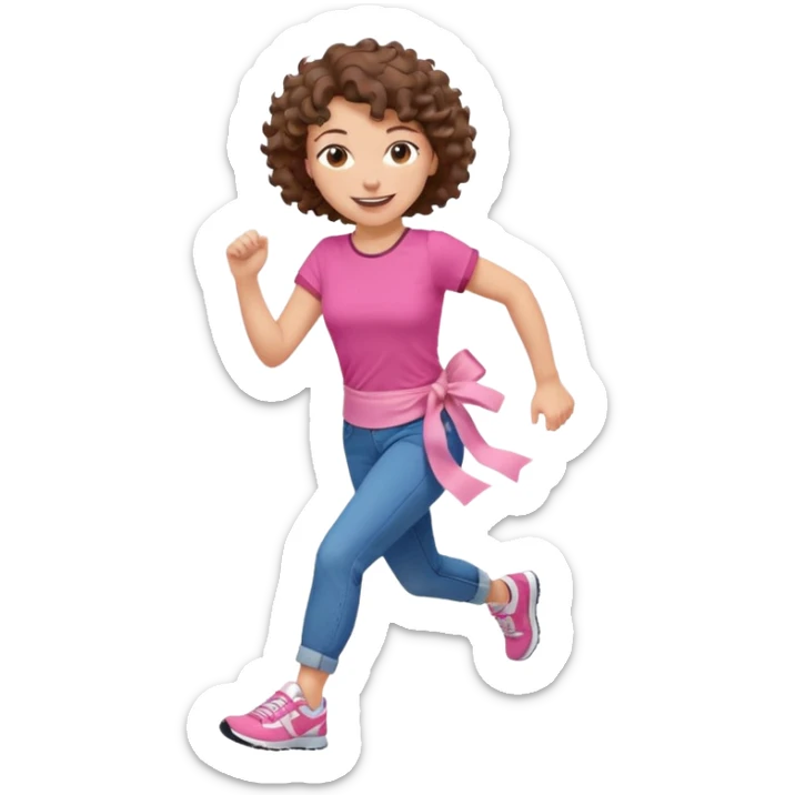 woman running, short curly brown hair, pink t-shirt, blue jeans, pink sneakers, dark pink sash across torso, smiling expression, dynamic pose sticker