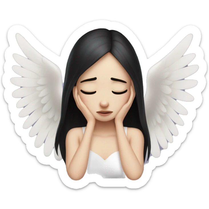 Crying woman tearing eyes pale skin black hair on the floor magical woman with angel wings  sticker