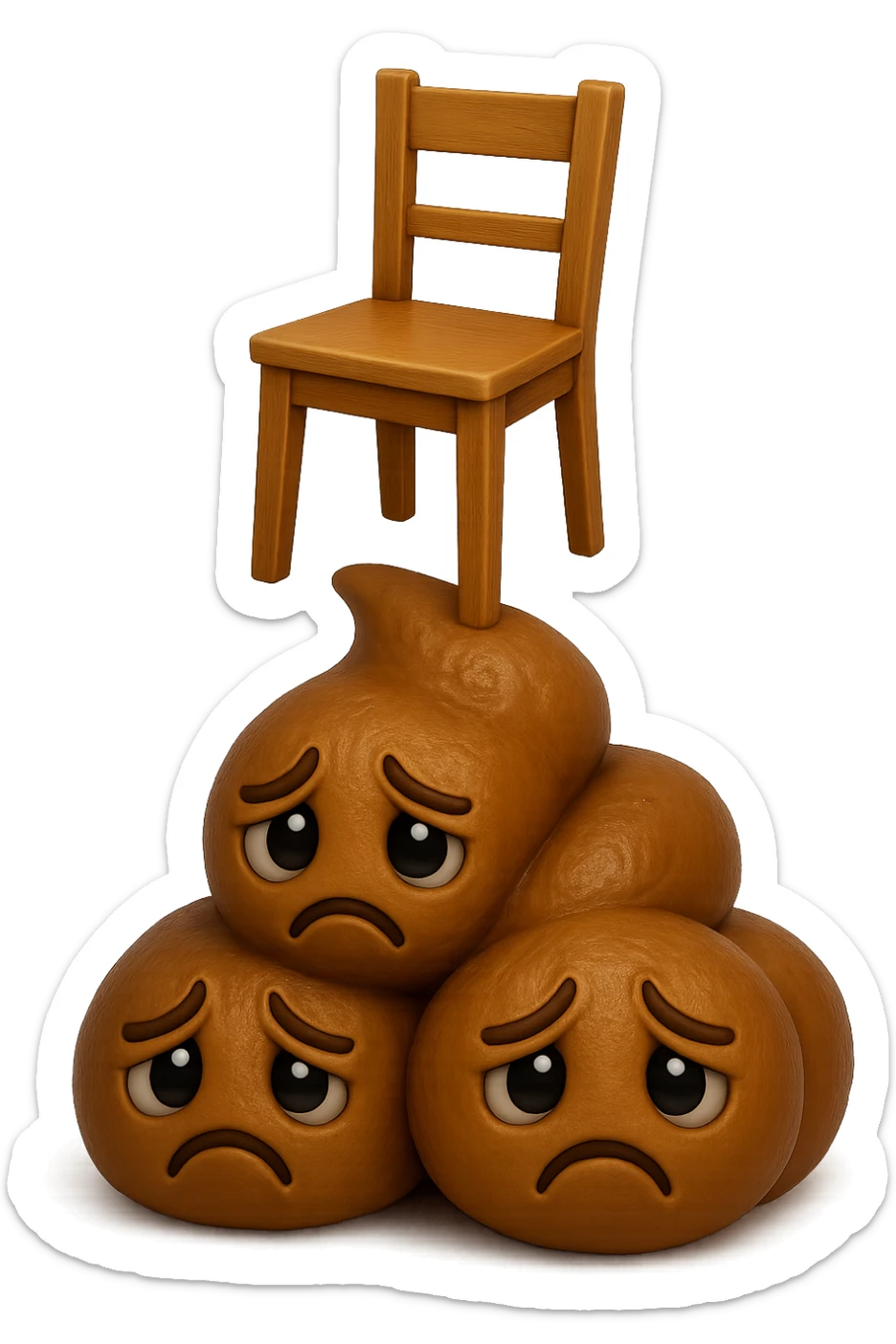 emoji stile iphone di una montagnetta di feci umane realistiche a palline tristi con sopra un simbolo delle sedia, iperrealistico 4k sticker