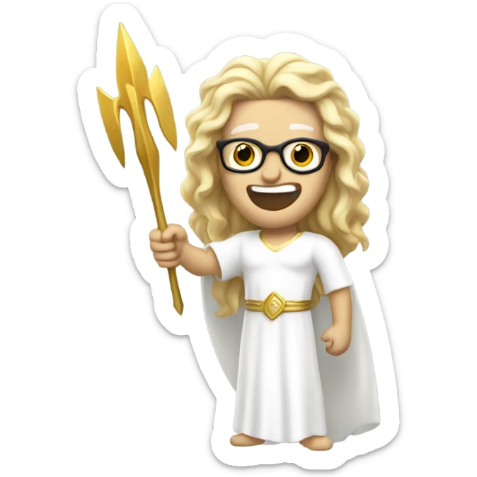white Poseidon with gold Trident and glasses. long hair white dress. smile . eye wink. point us with index sticker