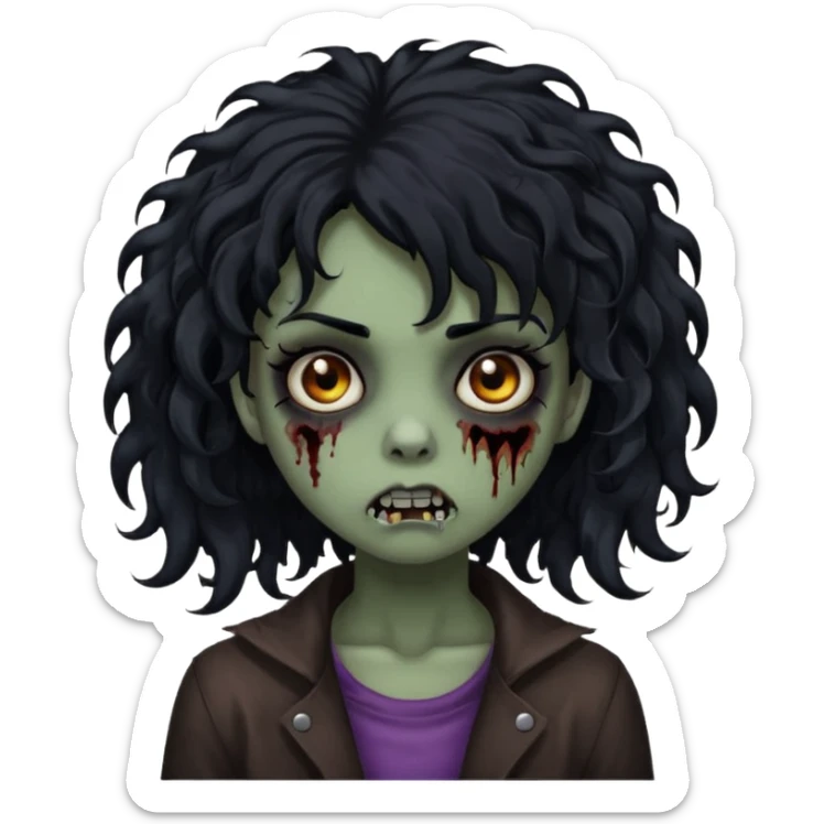 girl, zombie, black hair, medium long,...
girl  zombie, black hair, medium long curly, emo, shaggy, dark, spooky, creepy expression emoji created using Al. Copy and paste Boy, zombie, black hair, medium long, emo, shaggy, dark, spooky, creepy expression emoji to use or share on Discord and Slack. sticker