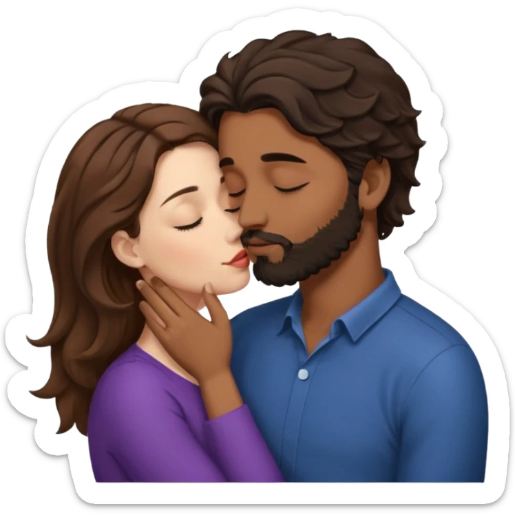 White woman (brown hair with eyes closed) kissing the top of the head (forehead) of brown man with black wavy hair (has a a beard with his eyes closed too). Woman has her lips to the forehead of the man, kissing him. sticker