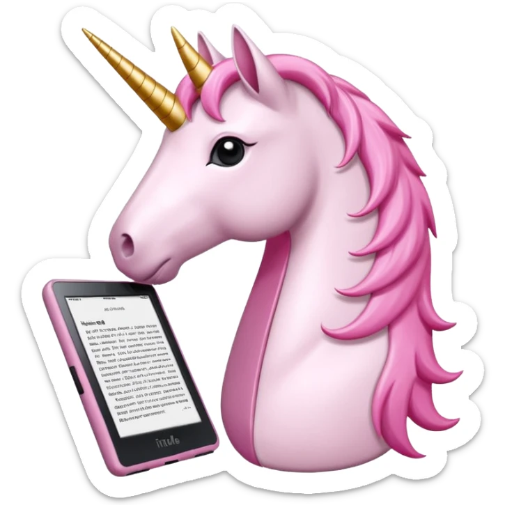 Unicorno bianco con corno rosa brillantato con sulla testa un paio di cuffie e un Amazon Kindle in mano sticker