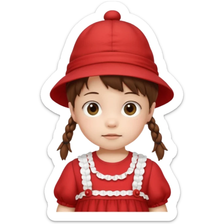 baby girl with brown hair and pigtails with a hat and red dress like My Neighbor Totoro movie sticker