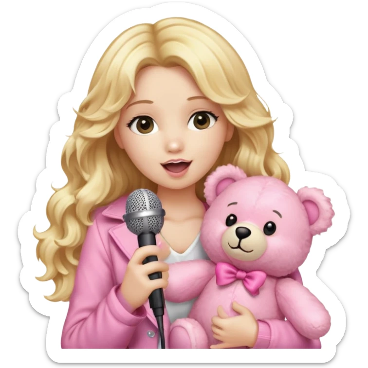 An emoji of a blonde female singer holding a plush pink teddy bear. She has long, wavy golden hair and is singing into a microphone with a passionate expression. The pink teddy bear is soft and fluffy, adding a cute and playful touch. A mix of glamour and sweetness sticker