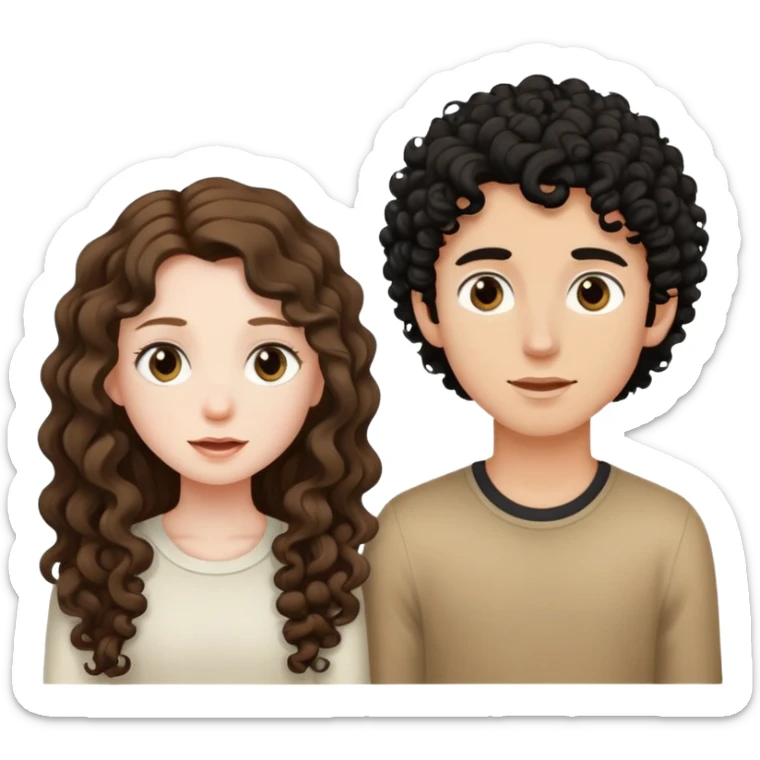 long light brown hair girl with pale skin and boy with black curly hair and tanned skin looking at each other sticker