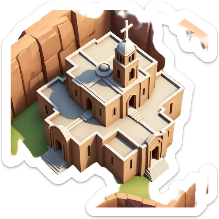 iOS emoji style illustration of Church of Saint George Lalibela Ethiopia, cross-shaped top view, carved stone appearance, vibrant clean lines sticker