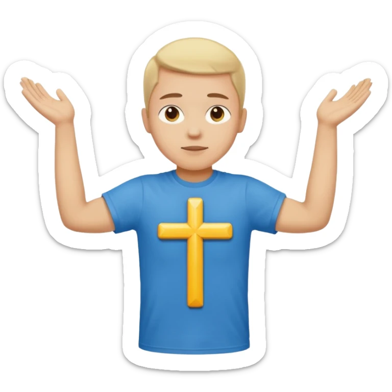 A person with the arms opened and extended forming a cross with their arms and body with t-shirt sticker