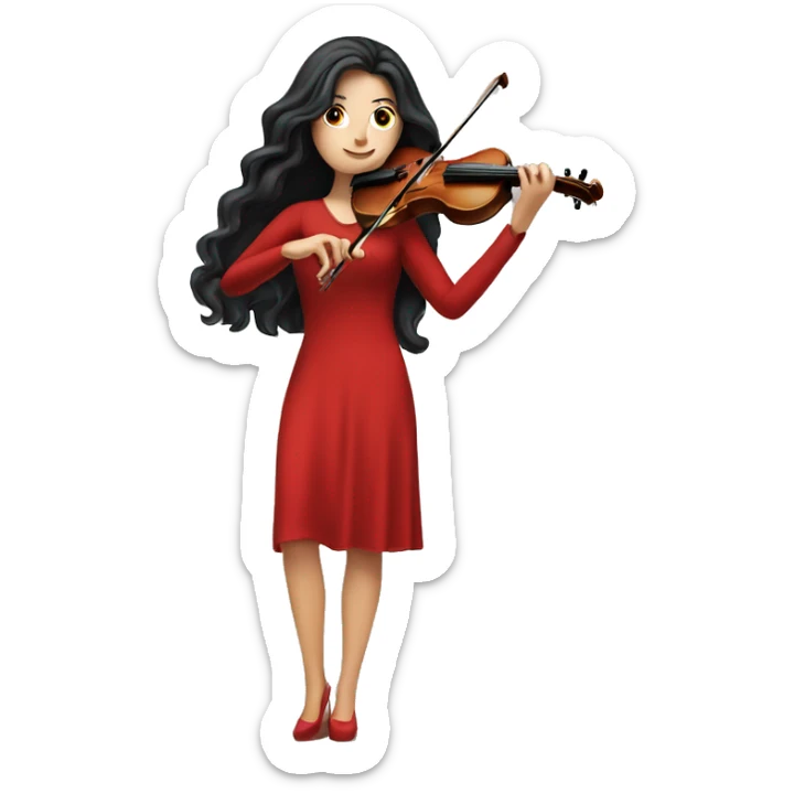 White girl with super long black hair playing the violin in a red dress sticker