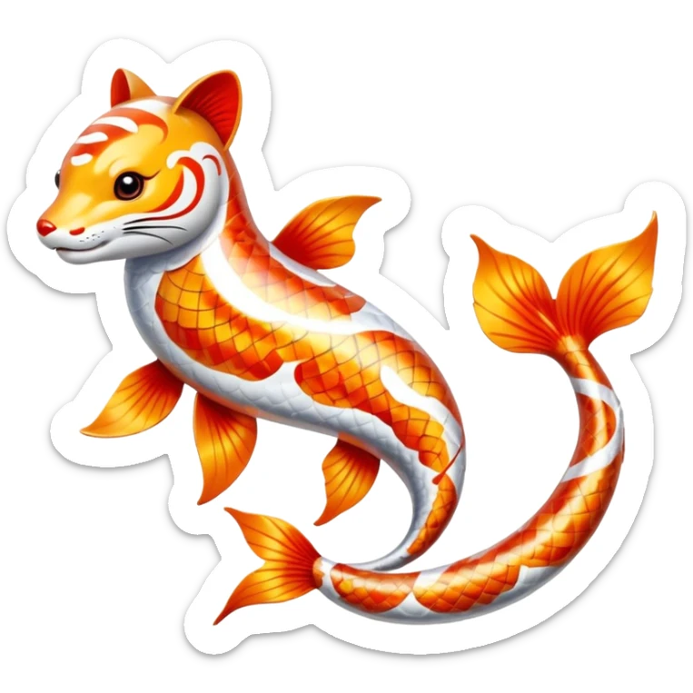 Exotic Tropical Floral Swirl-Patterned Tribal Pretty Asian ornate painted Japanese aesthetic beautiful shiny pretty glossy smooth elegant Koi-Fish-Kitsune-Yokai-animal-creature with tiger stripes on it, 4 legs, a tail sticker
