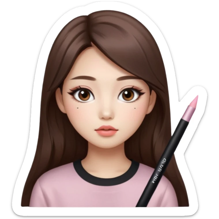 “korean straight long brown hair Emoji girl, soft eyeliner and blush, gradient lips, light brown shimmer eyeshadow sticker