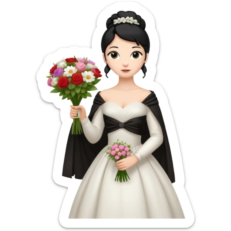 Chica blanca,cuerpo entero, vestido boda ,manga larga ,con estola, pelo negro,    ramo de flores una mano, pelo recogido en moño alto sticker