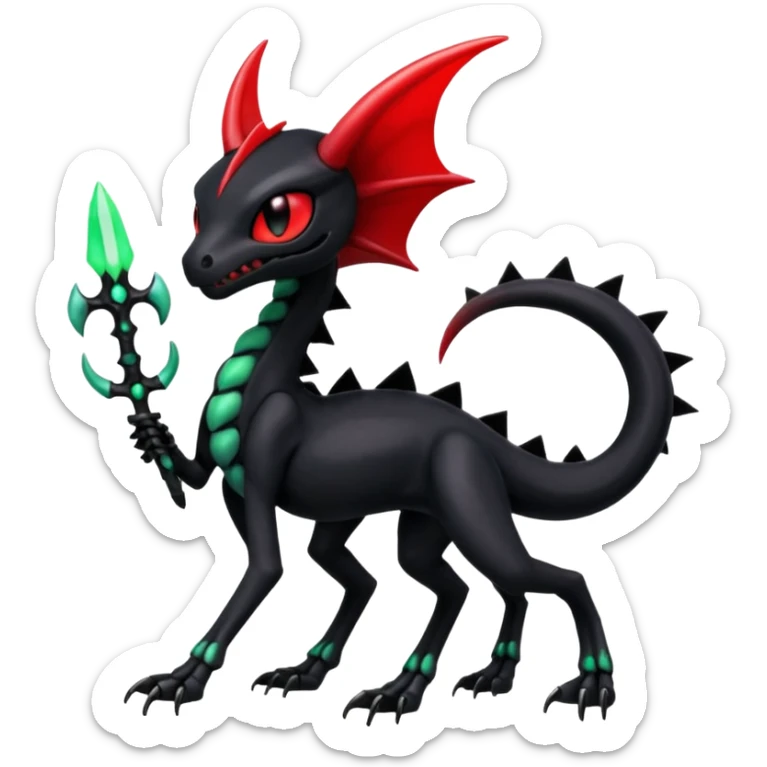 Obsidian-black and neon-glowing-green skeletal Meloetta-Salandit-Nargacuga-Salazzle-Pokémon-Fakémon-creature-fusion-hybrid with glowing crimson-red evil slit eyes sticker