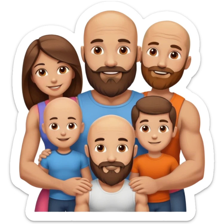 Happy Muscular Bald beard man and his hot wife with long brown hair and 3 boys sticker
