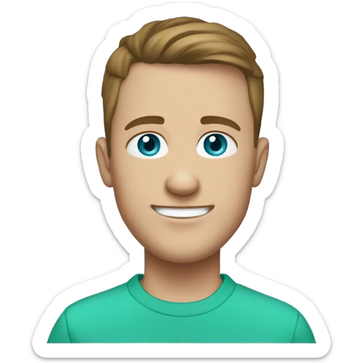 Smiley male with skin fade brown hair and a pale complexion with a few freckles. Blue eyes, wearing a turquoise green hoody sticker