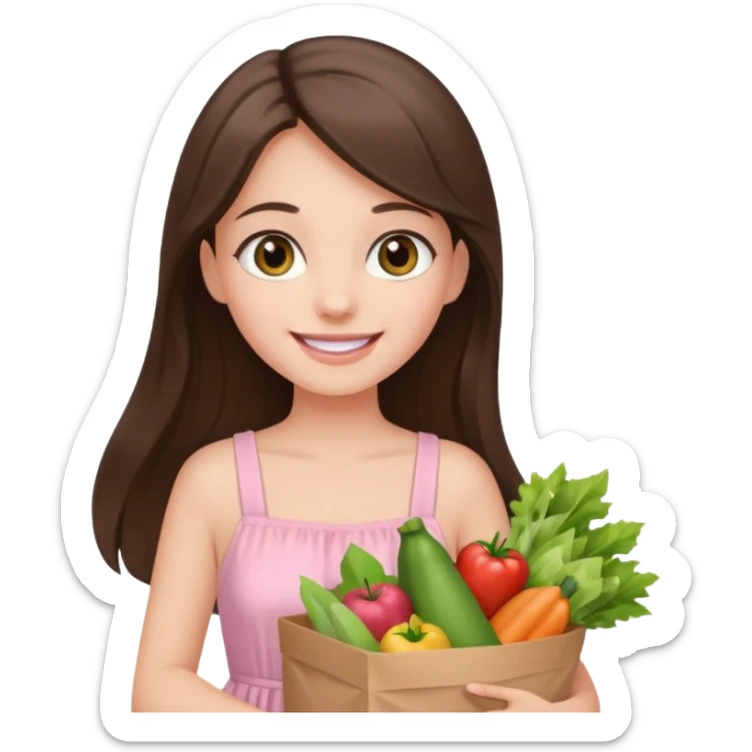 pretty smiling long brunette hair girl hazel eyes wearing light pink dress holding groceries sticker