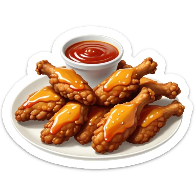 Cinematic crispy chicken wings, golden-brown and glazed with spicy sauce, crunchy coating, juicy inside, piled high with dipping sauce on the side, ultra-realistic and mouthwatering, inviting and bold. sticker