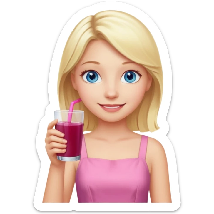 blonde girl with blue eyes in a pink dress drinking elderberry juice smiling sticker