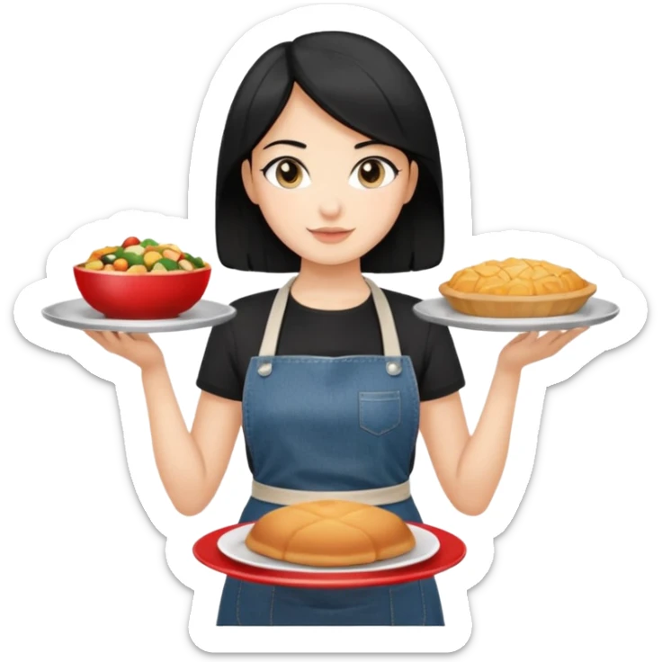 waitress with black hair and a food plate with a black tshirt and ª jeans apron. with a bigger plate and the plate with a cover  sticker